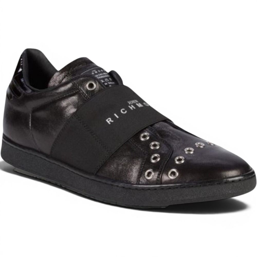 John Richmond Grunge 5809 Blk Leather Grommet Slip On Sneakers Rock N Roll 42.5